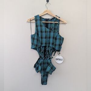 Capsule Dolls Kill Plaid O-ring Bodysuit Festival Rave ALT‎